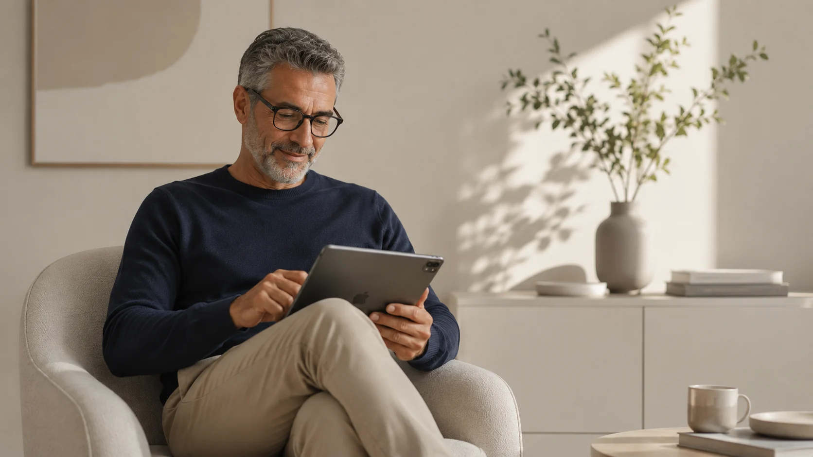 Homem lendo em um tablet em casa, em um momento de leitura tranquila