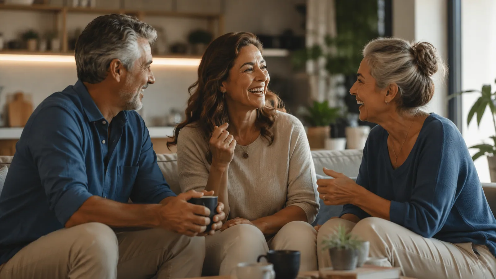 Três pessoas conversando e rindo em uma sala de estar, com xícaras de café